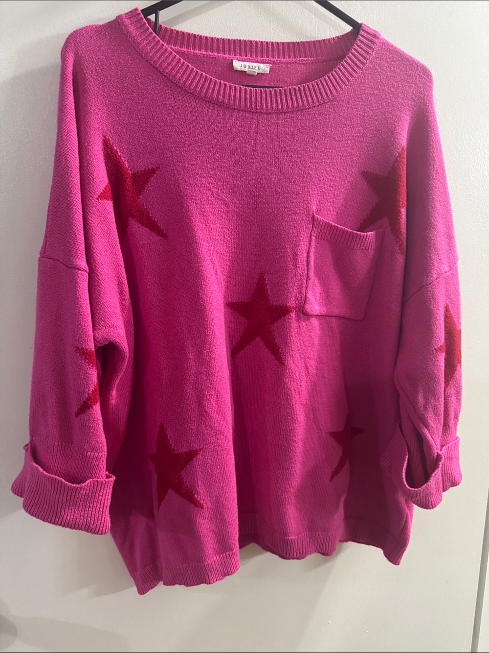 JODIFL Hot Pink Star Pocket Crewneck Sweater